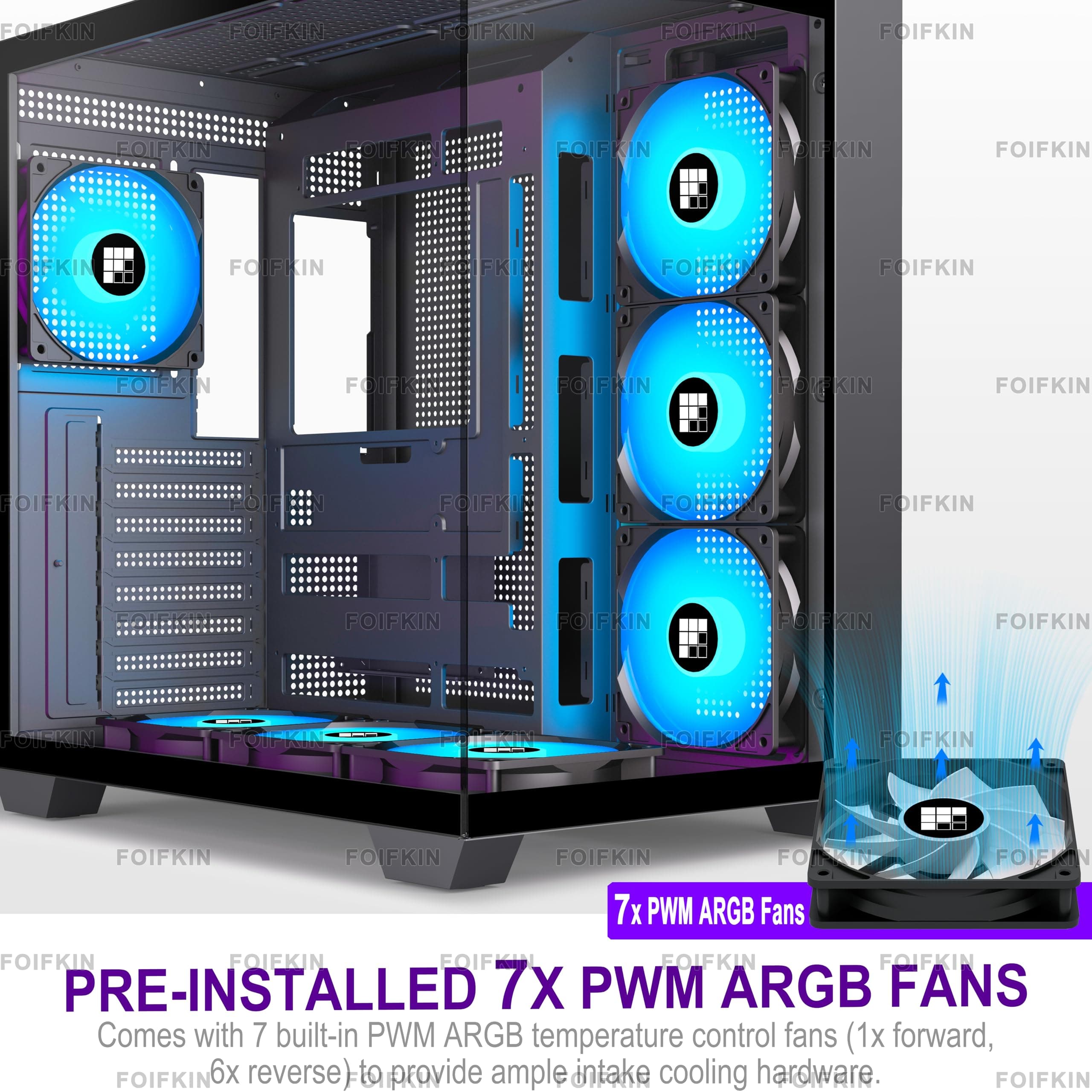 FOIFKIN F300 PC Gehäuse ATX mit 7 PWM ARGB Lüfter,Hoher Luftstrom Mid-Tower Computer Gehäuse,Gaming PC-Gehäuse Big Tower,ATX Gehäuse,mit Type-C,360mm Rad Computergehäuse (Schwarz, F300) Schwarz-1 F300 Bild 7