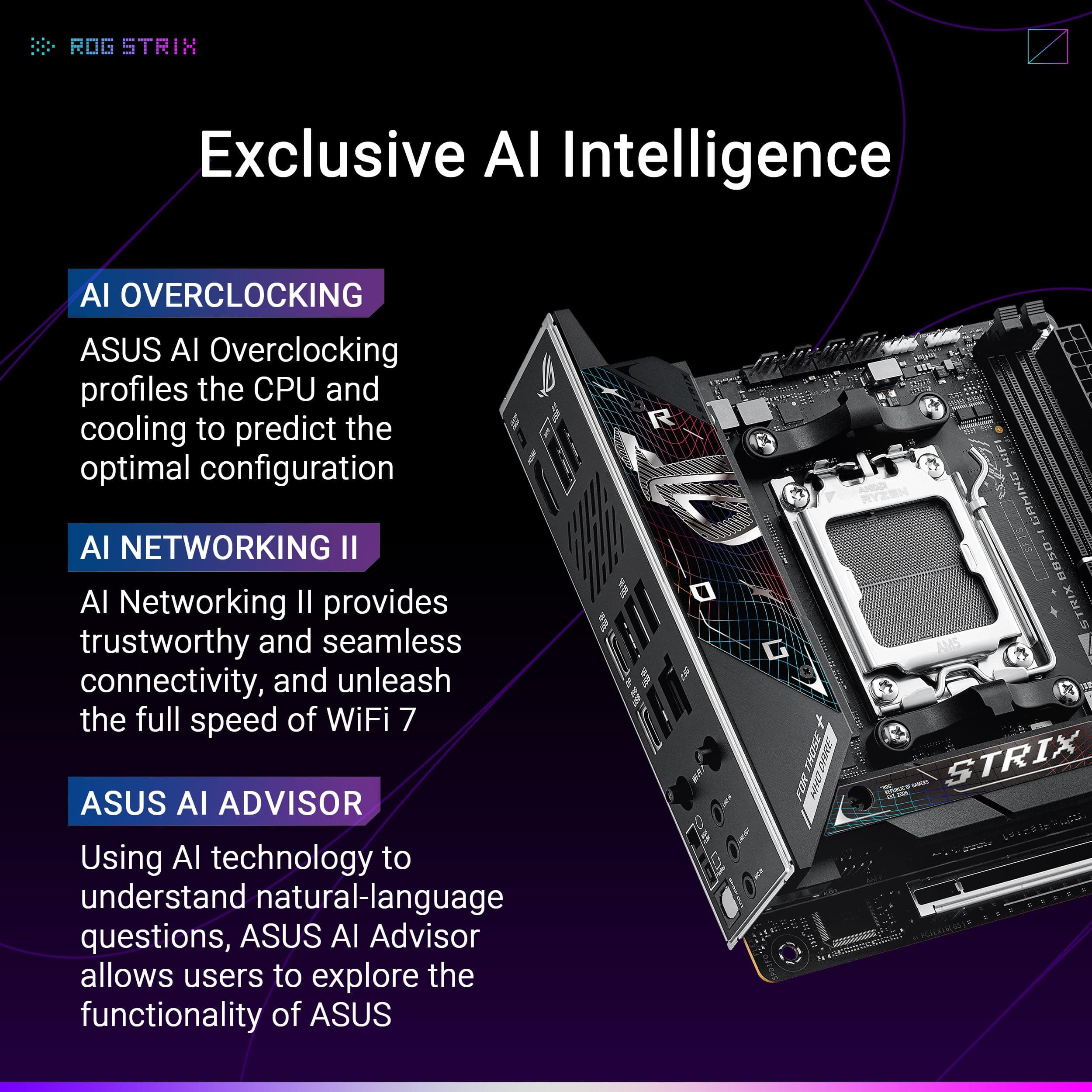 ASUS ROG Strix B850-I Gaming WiFi AMD AM5 B850 Mini-ITX mITX Motherboard 10+2+1 Stufen, DDR5, 2.5G LAN, WiFi 7, 2X M.2, PCIe® 5.0 x16, USB 20Gbps Type-C®, AI Overclocking, AI Networking II, Aura Sync Bild 3