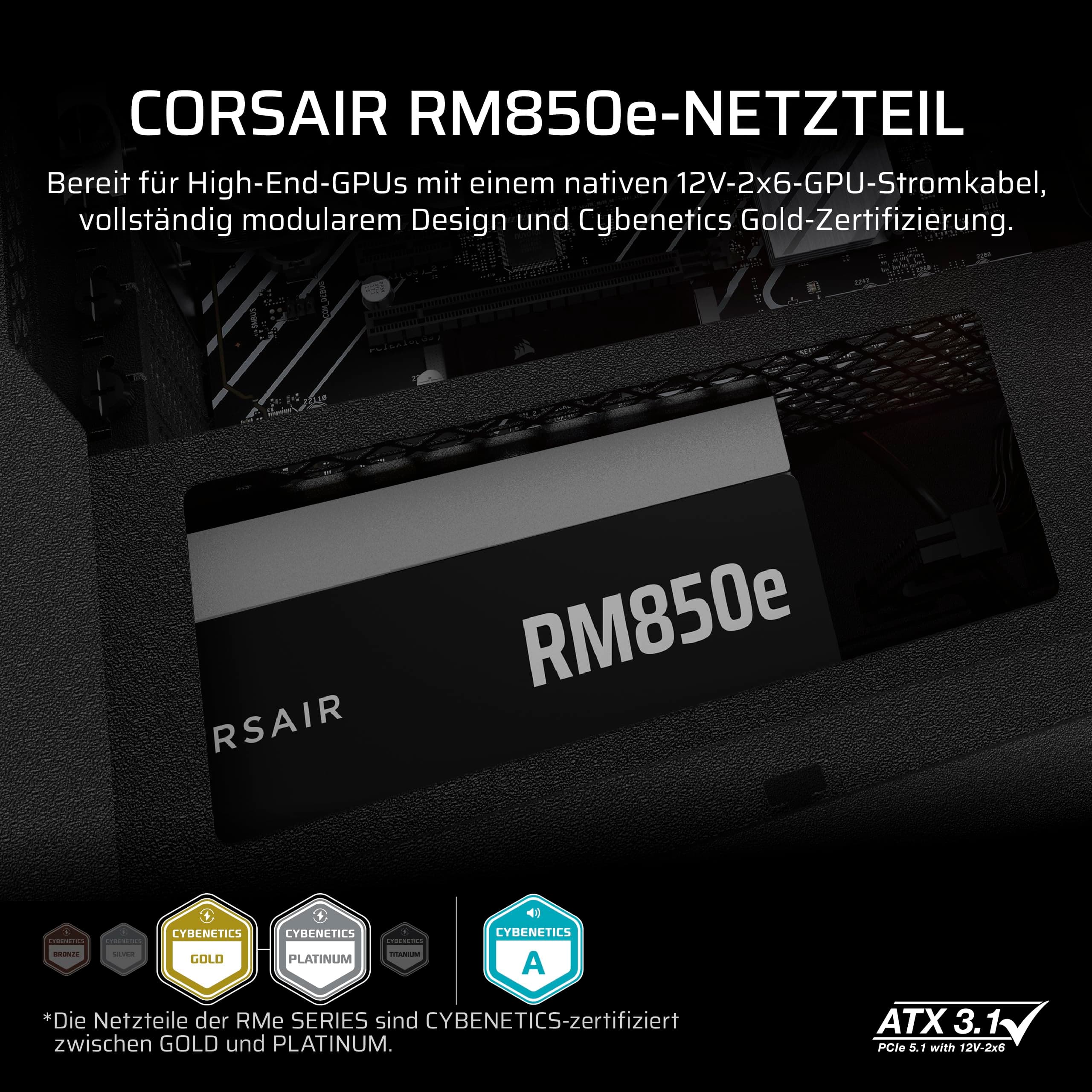 CORSAIR RM850e (2025) Geräuscharmes Vollständig Modulares ATX-Netzteil mit 12V-2x6 Kable – Zero RPM-Lüftermodus, ATX 3.1-Konform, PCIe 5.1-Unterstützung, Cybenetics Gold – Schwarz Schwarz 850 Watts RMe (2025) Bild 3