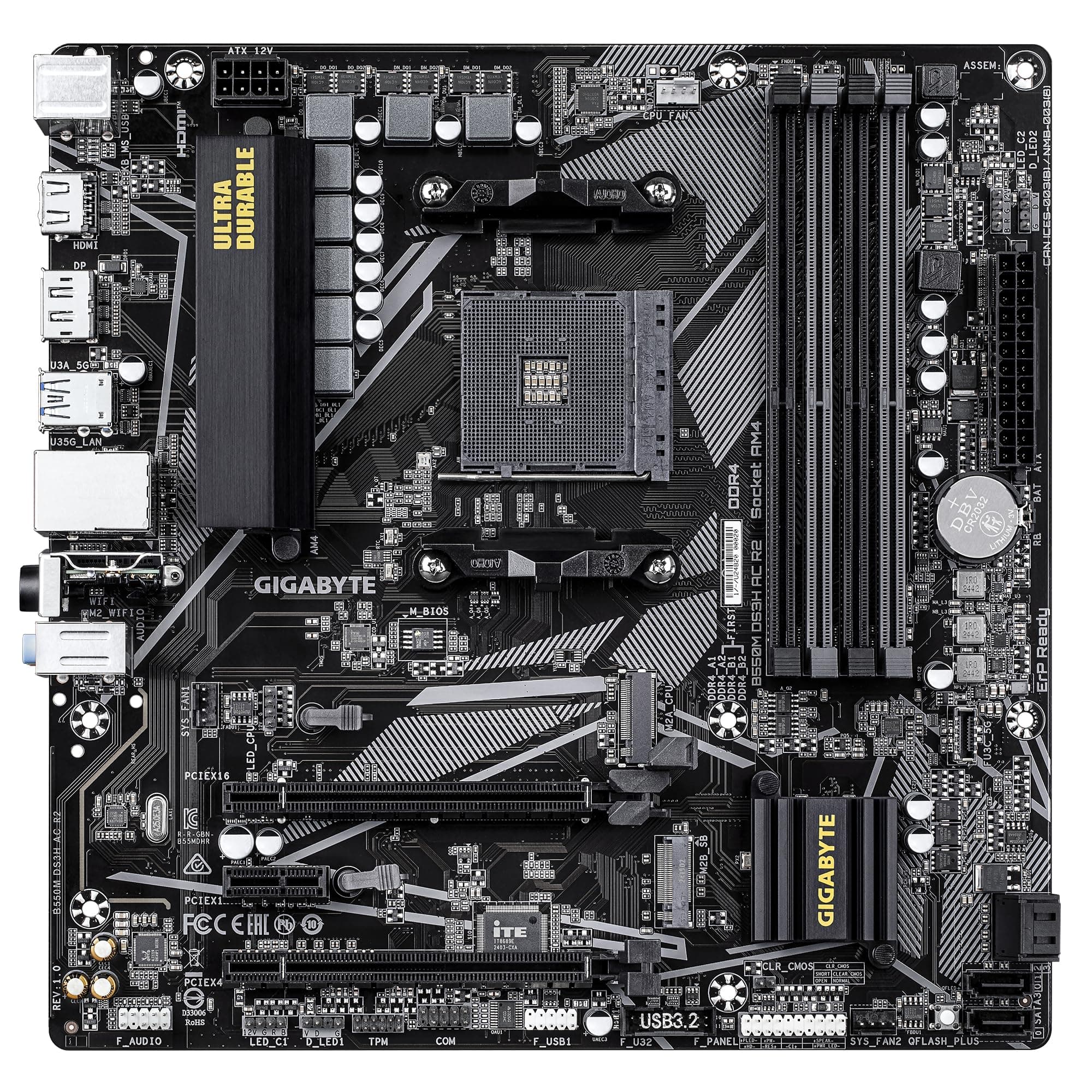 GIGABYTE B550M DS3H AC R2 Mainboard – AMD Ryzen 5000 Prozessoren, 5+3 Phasen VRM, bis zu 4733 MHz DDR4 (O.C.), 1x PCIe 4.0 + 1x PCIe 3.0 M.2, Wi-Fi 5, 1 GbE LAN, USB 3.2 Gen 1 Bild 3