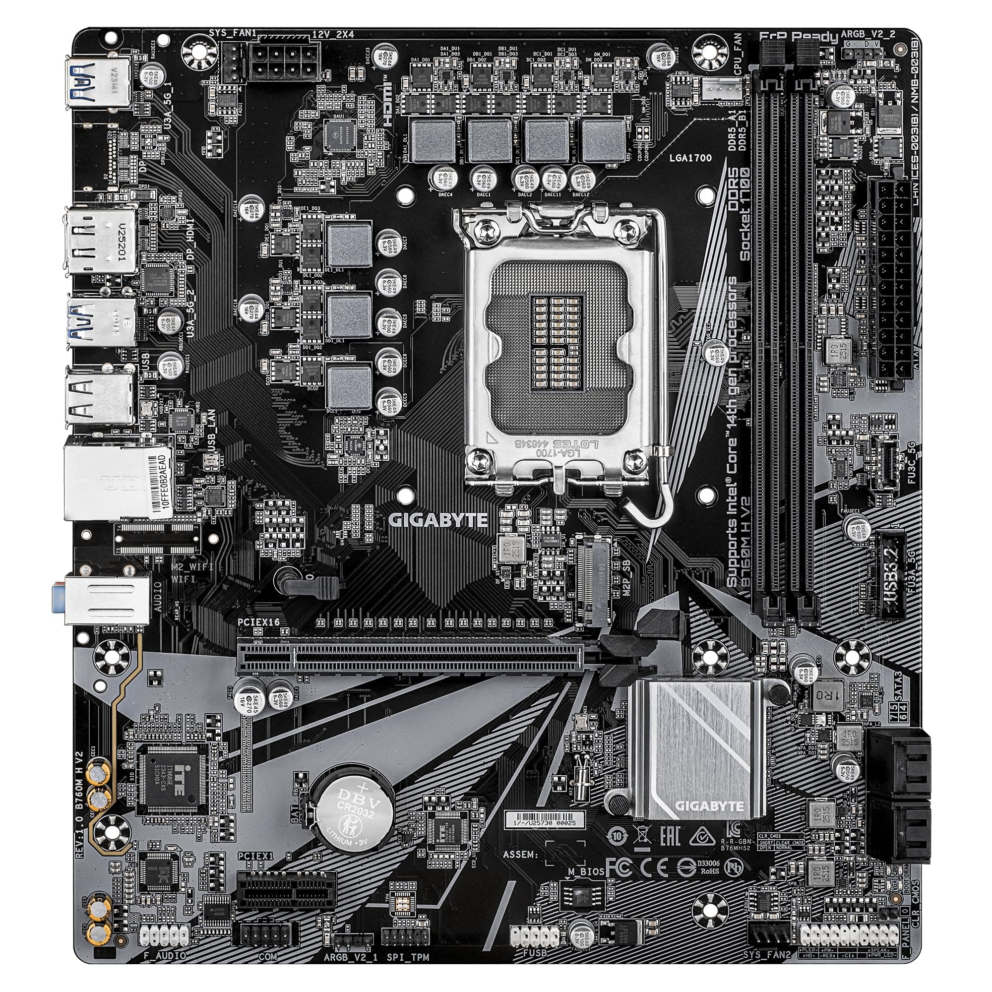 GIGABYTE B760M H V2 Mainboard - Unterstützt Intel Core Prozessoren der 14. Generation, digitales 5+1+1-Phasen-VRM, bis zu 8000MHz DDR5 (O.C.), 1xPCIe 4.0 M.2, 1GbE LAN, USB 3.2 Gen1 Bild 3