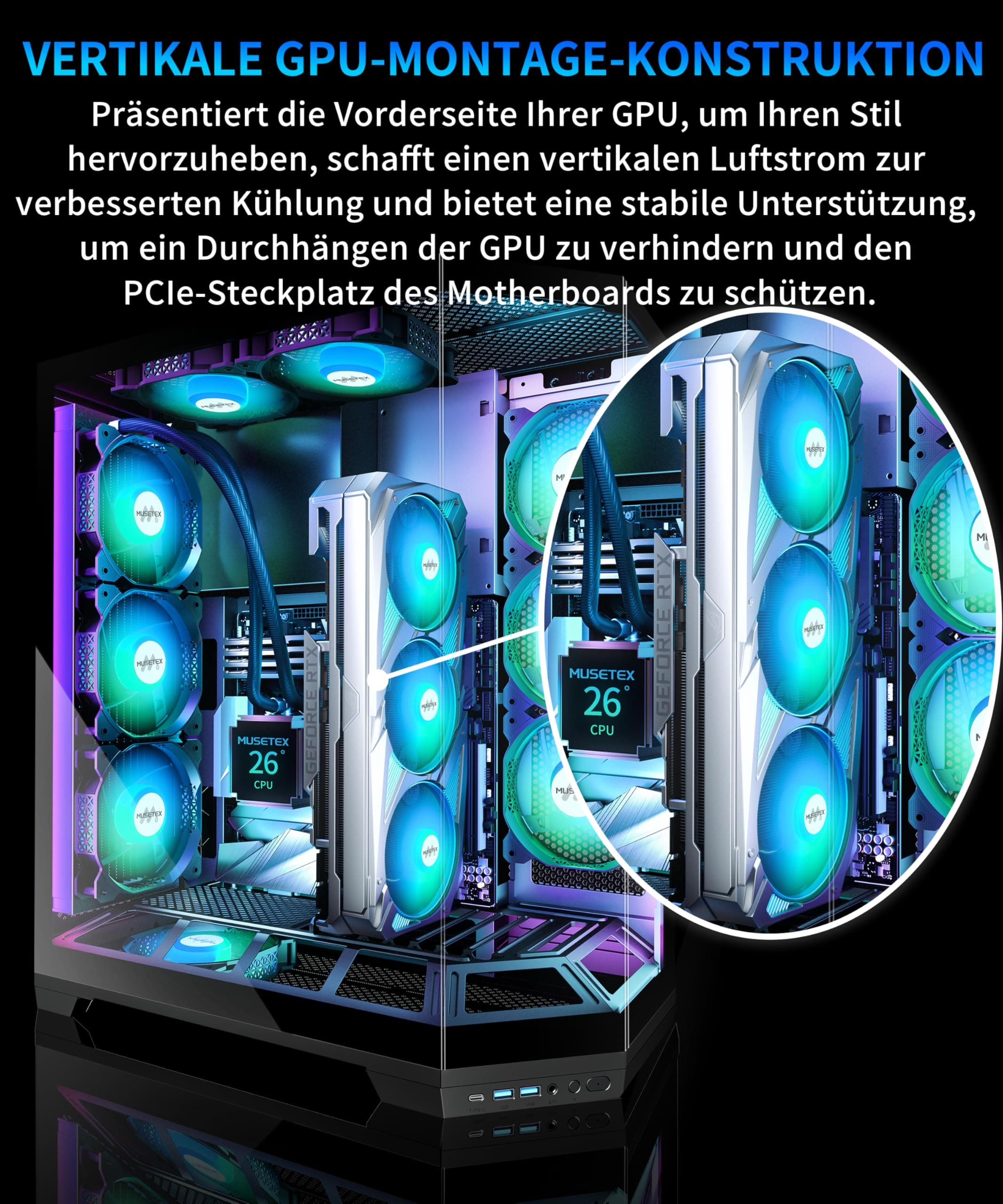 MUSETEX PC Gehäuse, Vertikale GPU-Montage Design, Vorinstallation 5 PWM ARGB Lüfter, 360MM Rad Support, ATX Mid-Tower Gaming PC-Gehäuse mit Type-C, 270° Panorama-Glas, Schwarz(GR3) Bild 3
