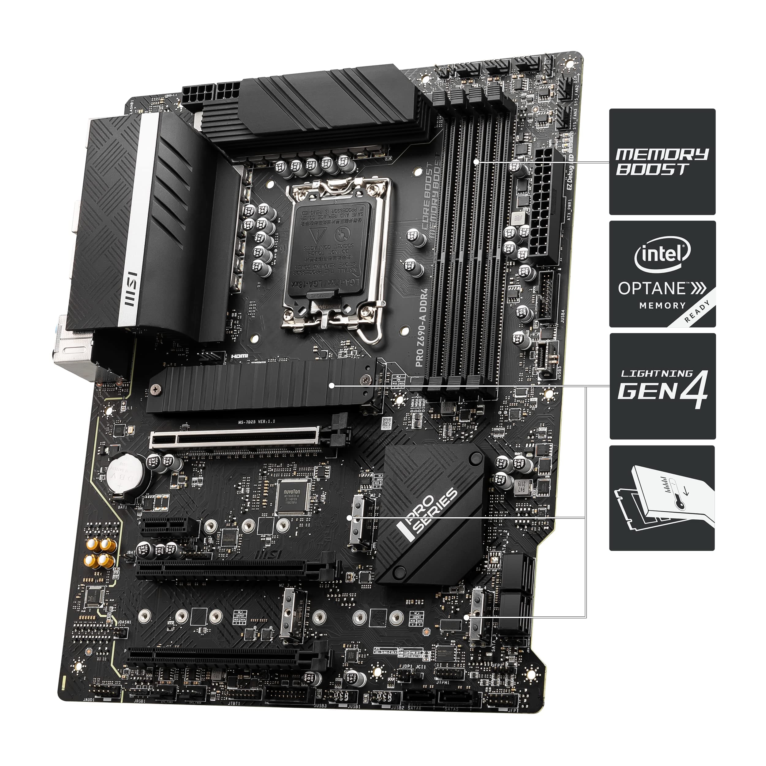 MSI PRO Z690-A DDR4 Mainboard ATX, unterstützt Intel Core Prozessoren 12. Generation, LGA 1700, 14 Duet Rail 55A VRM, Memory Boost 5200MHz/OC, 1 x PCIe 5.0 x16, 3 x M.2 Gen4 x4, 2.5G LAN Bild 5