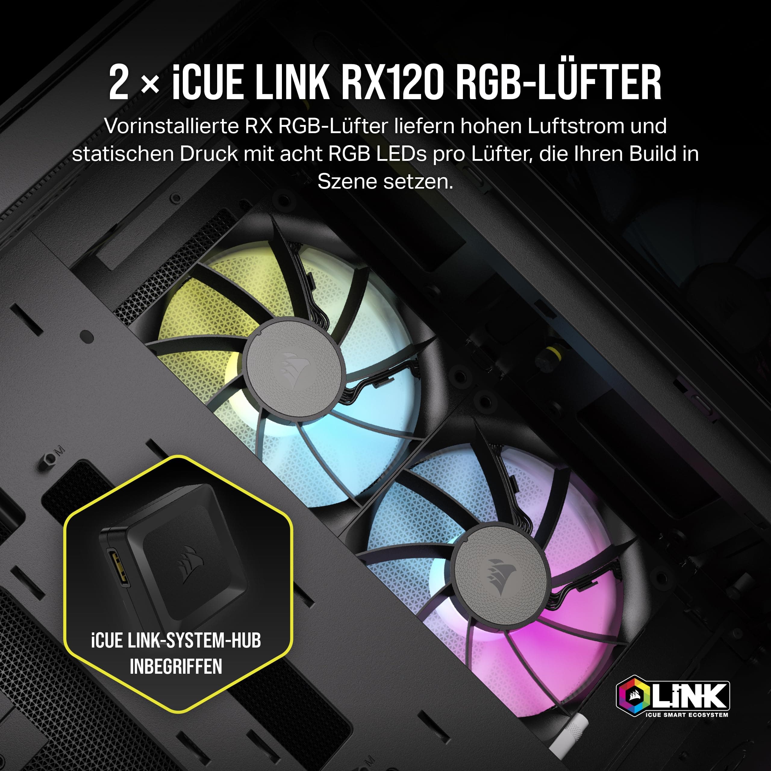 CORSAIR iCUE Link 2500X RGB gehärtetes Glas mATX Mid-Tower Dual Chamber PC Gehäuse - 2X CORSAIR RX120 RGB Lüfter im Lieferumfang enthalten - Breite Kühlflexibilität - Reverse Connection Motherboard iCUE LINK RGB 2500X Schwarz Bild 7