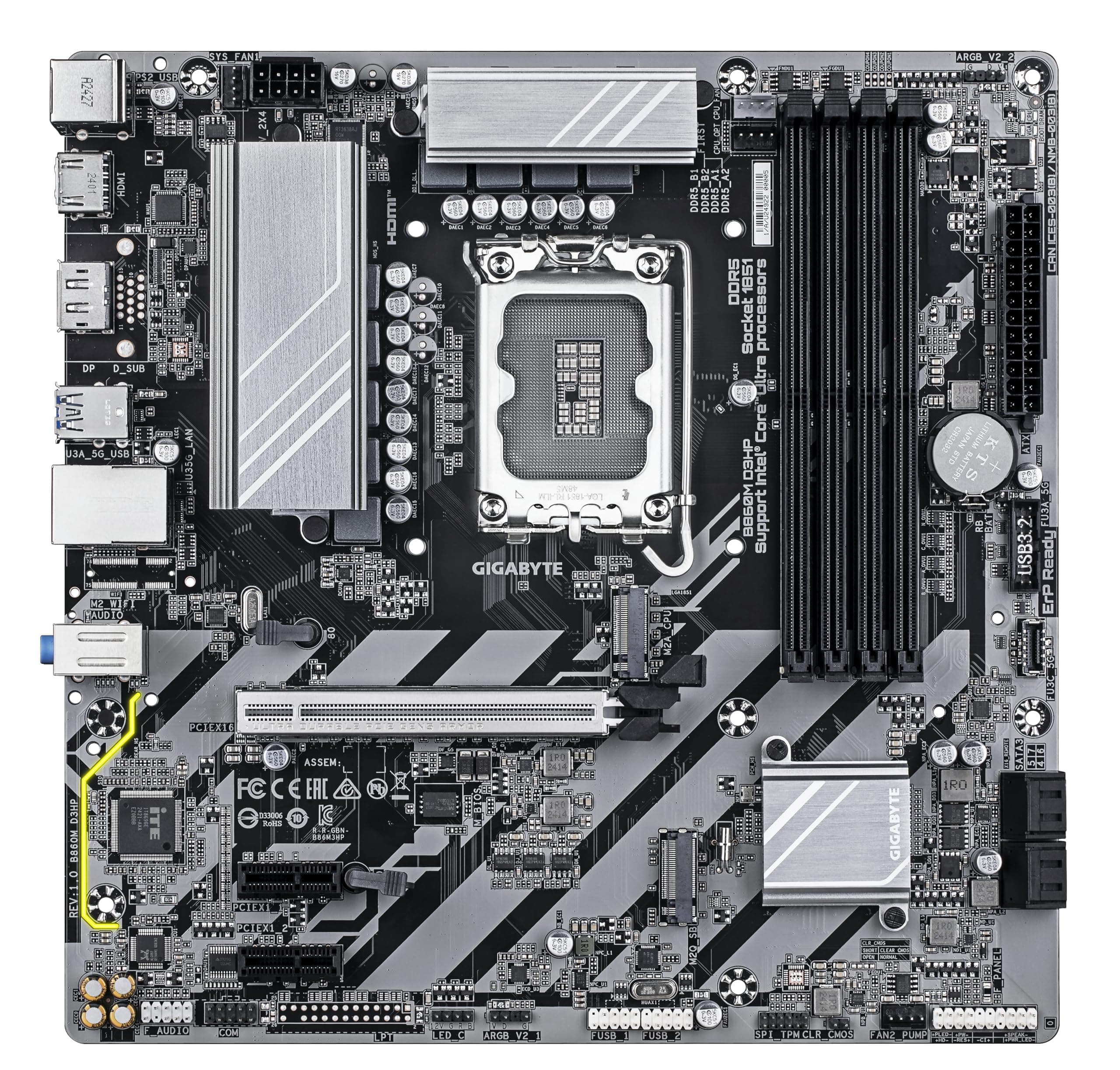 GIGABYTE B860M D3HP Mainboard - Intel Core Ultra CPUs, 4+1+2+1 Phasen VRM, bis zu 9066MHz DDR5, 2xPCIe 4.0 M.2, GbE LAN, USB 3.2 Gen 1 Bild 3