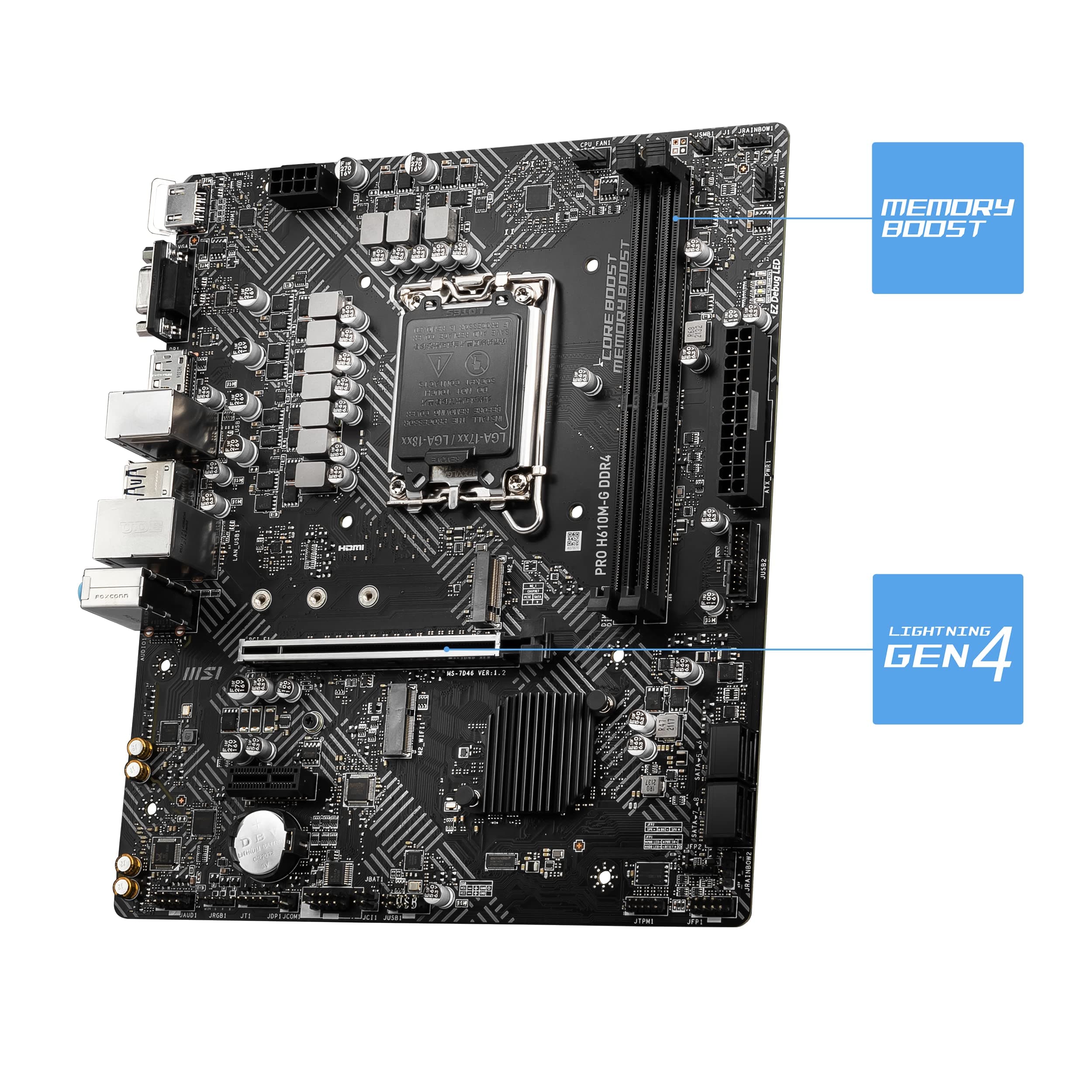 MSI PRO H610M-G DDR4 Mainboard, Micro-ATX - unterstützt Intel Core Prozessoren 12. Generation, LGA 1700, 2 x DIMMs (3200MHz), 1x PCIe 4.0 x16 Slot, 1 x M.2 Gen3, Intel 1G LAN, HDMI 2.1, DP 1.4 & VGA DDR4 M-ATX Bild 5