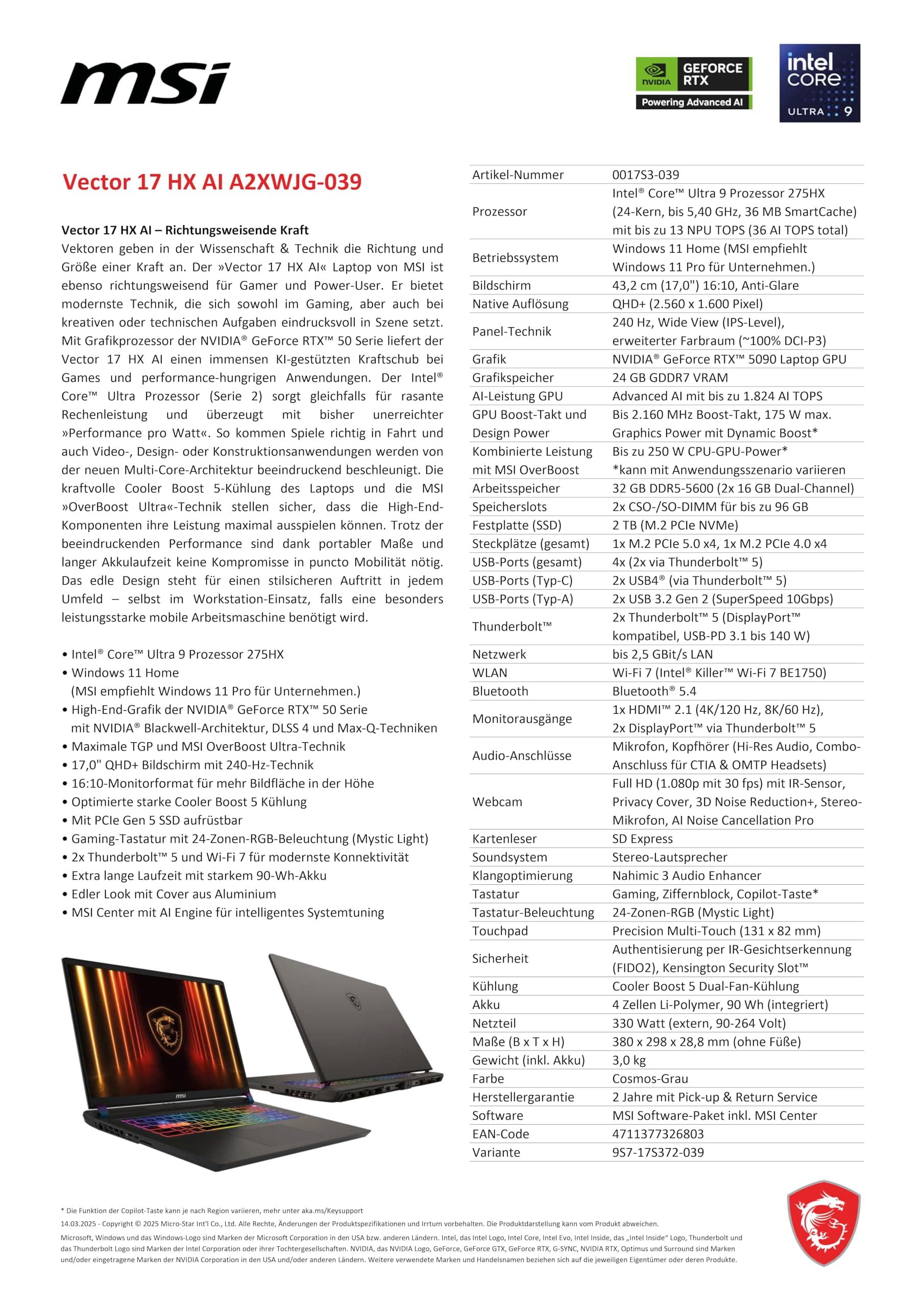 MSI Vector 17 HX AI Gaming-Laptop, 17" QHD+ 240 Hz Display, Intel Core Ultra 9 275HX, NVIDIA GeForce RTX 5080, 32 GB RAM, 2 TB SSD, Windows 11 Home, QWERTZ Tastatur, Cosmos Grau, A2XWIG-040 Intel® Core™ Ultra 9 275HX Integriert Bild 5