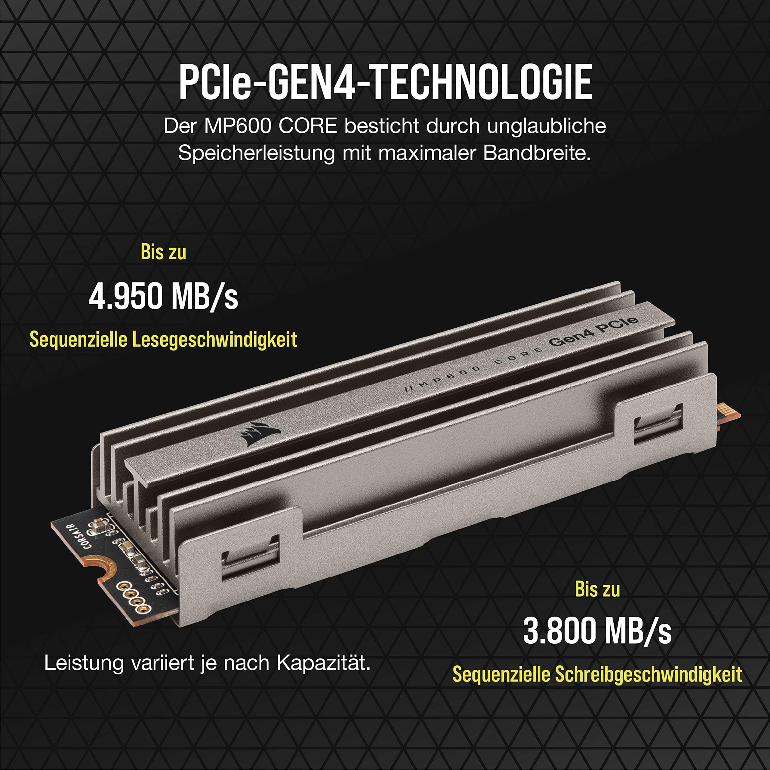Corsair MP600 CORE 2TB M.2 NVMe PCIe x4 Gen4 SSD (Lesegeschwindigkeitenvon bis zu 4.950 MB/s sowie sequenziellen Schreibgeschwindigkeiten bis 3.700 MB/s, Hochgeschwindigkeitsschnittstelle) Aluminium Bild 5
