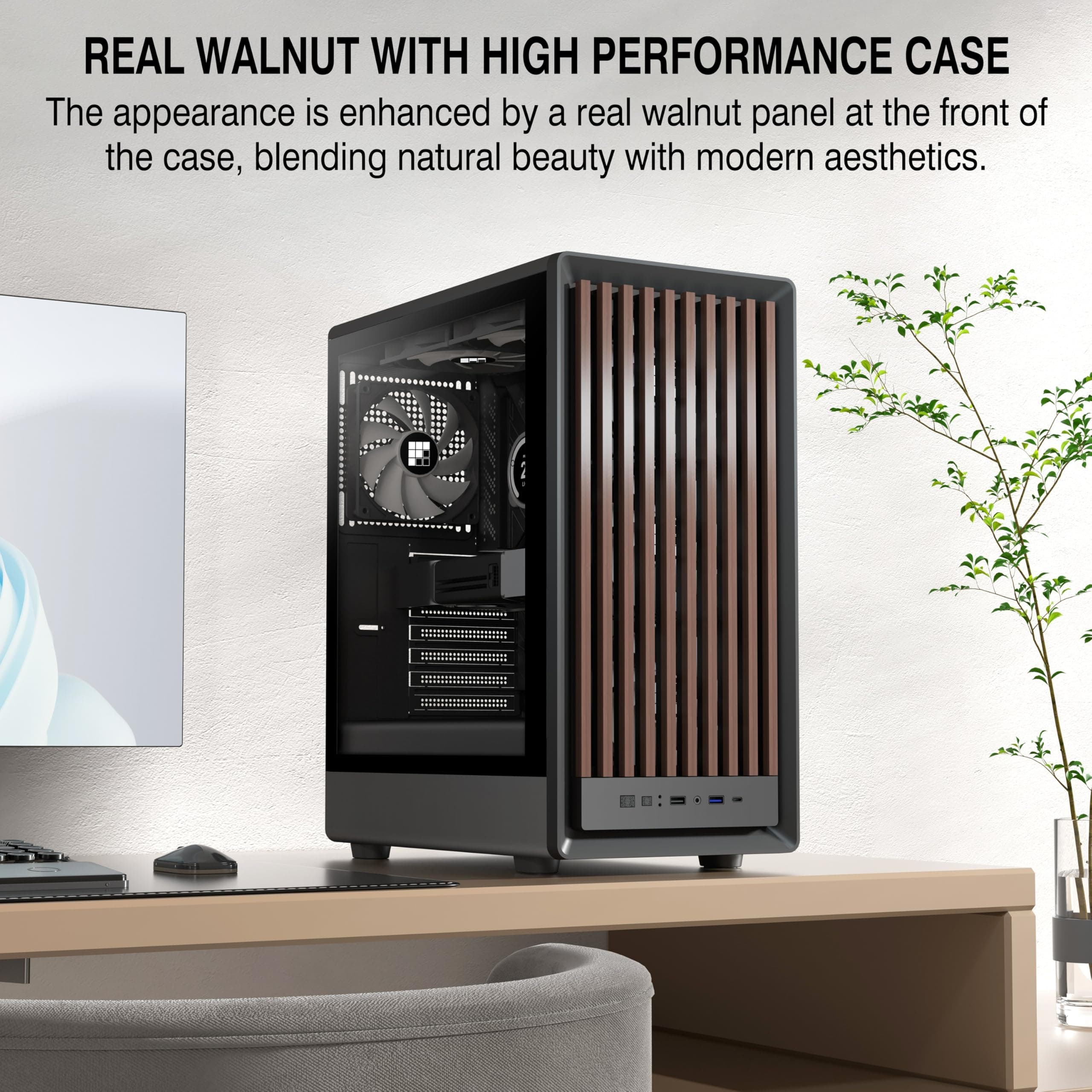 FOIFKIN M1 PC-Gehäuse ATX mit 4 PWM ARGB-Lüftern, Front aus Walnussholz,Computer Gehäuse Mid-Tower,Hoher Luftstrom,240mm Kühlerunterstützung,ATX-Gehäuse Schwarz,Gaming PC-Gehäuse,Type-C(Schwarz, M1) M1 Schwarz Bild 3