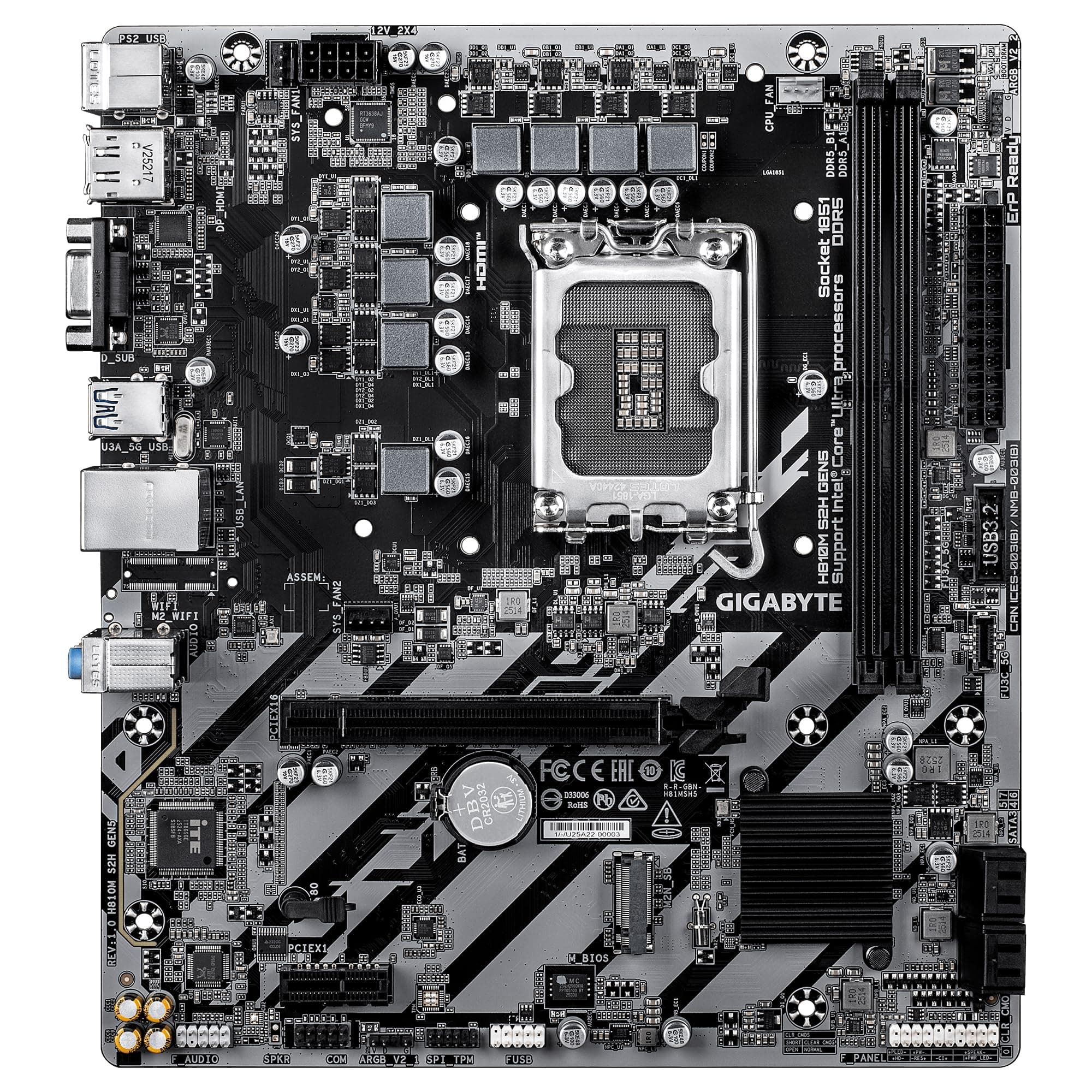 GIGABYTE H810M S2H GEN5 Mainboard – Intel Core Ultra (Serie 2) CPUs, 4+1+2-Phasen-VRM, bis zu 6400 MHz DDR5, 1× PCIe-4.0-M.2, 1-GbE-LAN, USB 3.2 Gen 1 Bild 3