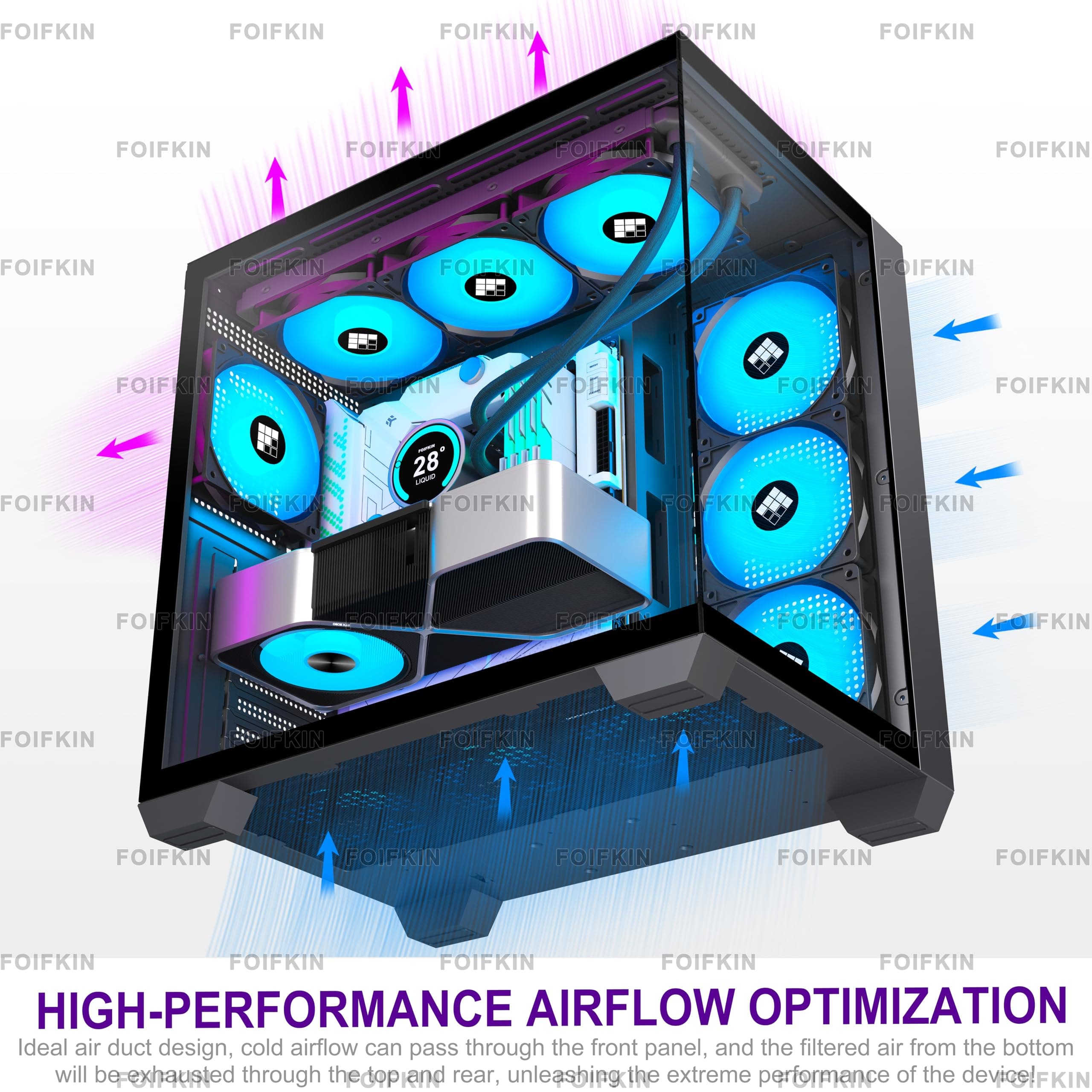 FOIFKIN F300 PC Gehäuse ATX mit 7 PWM ARGB Lüfter,Hoher Luftstrom Mid-Tower Computer Gehäuse,Gaming PC-Gehäuse Big Tower,ATX Gehäuse,mit Type-C,360mm Rad Computergehäuse (Schwarz, F300) Schwarz-1 F300 Bild 5