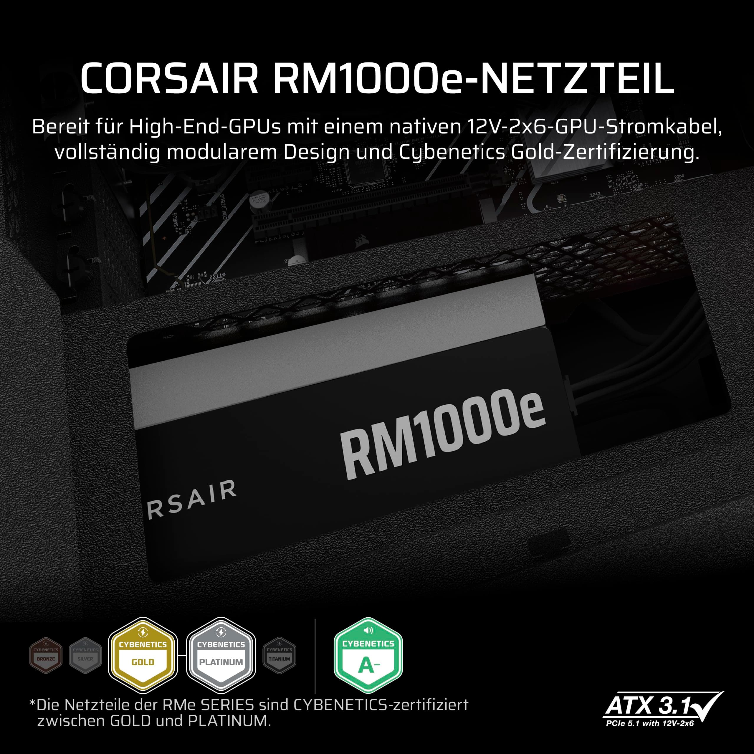 CORSAIR RM1000e (2025) Geräuscharmes Vollständig Modulares ATX-Netzteil mit 12V-2x6 Kable – Zero RPM-Lüftermodus, ATX 3.1-Konform, PCIe 5.1-Unterstützung, Cybenetics Gold – Schwarz Schwarz 1000 Watts RMe (2025) Bild 4