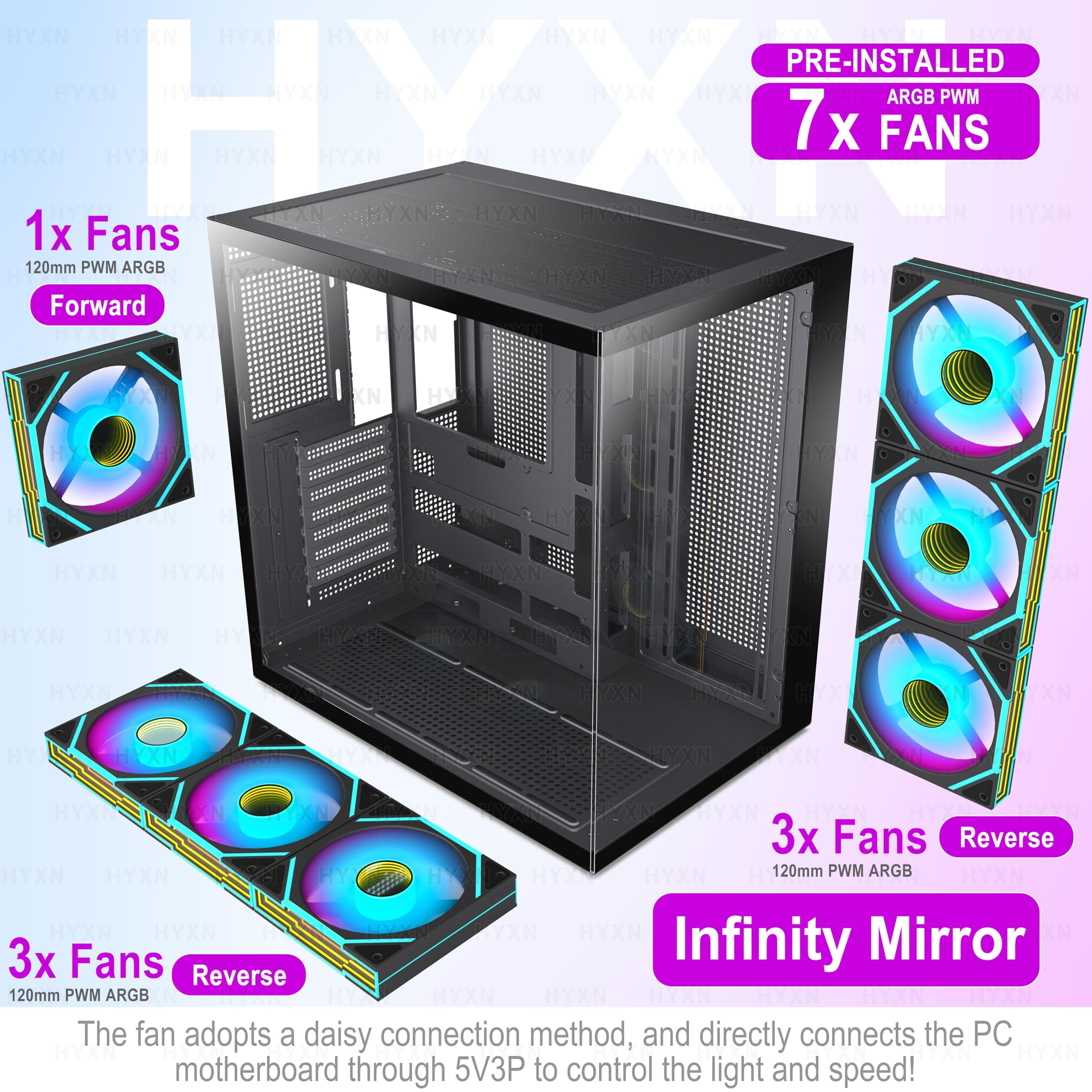 H1 ATX PC Gehäuse – Vorinstallierte 7 Infinity Mirror PWM ARGB Lüfter, Dual Kammer Mid Tower Gaming PC Gehäuse, mit Type-C, gleichzeitige Installation von 3X 360 mm Kühler (schwarz-M, H1) H1 schwarz-M Bild 5