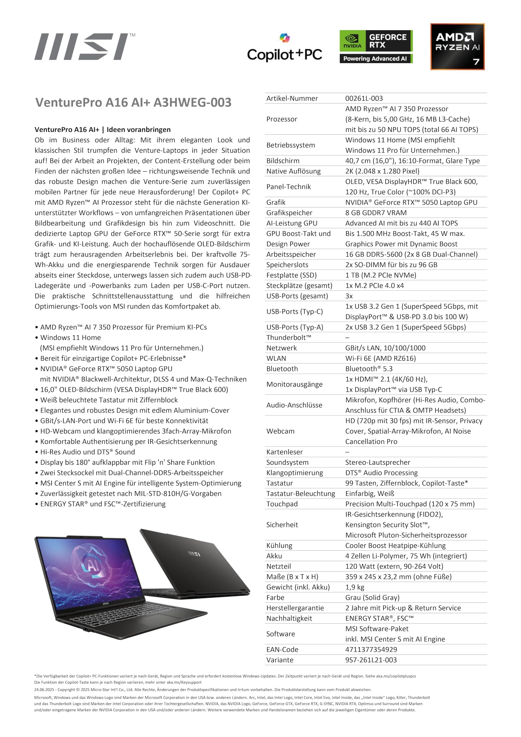 MSI VenturePro A17 AI+, Business-Laptop, AMD Ryzen™ AI 7 350 Prozessor, 17,3" Full HD Display, NVIDIA® GeForce RTX™ 5060 Grafik, 16 GB RAM, 512 GB SSD, Windows 11 Home, QWERTZ Tastatur, A3HWFG-003 Bild 5