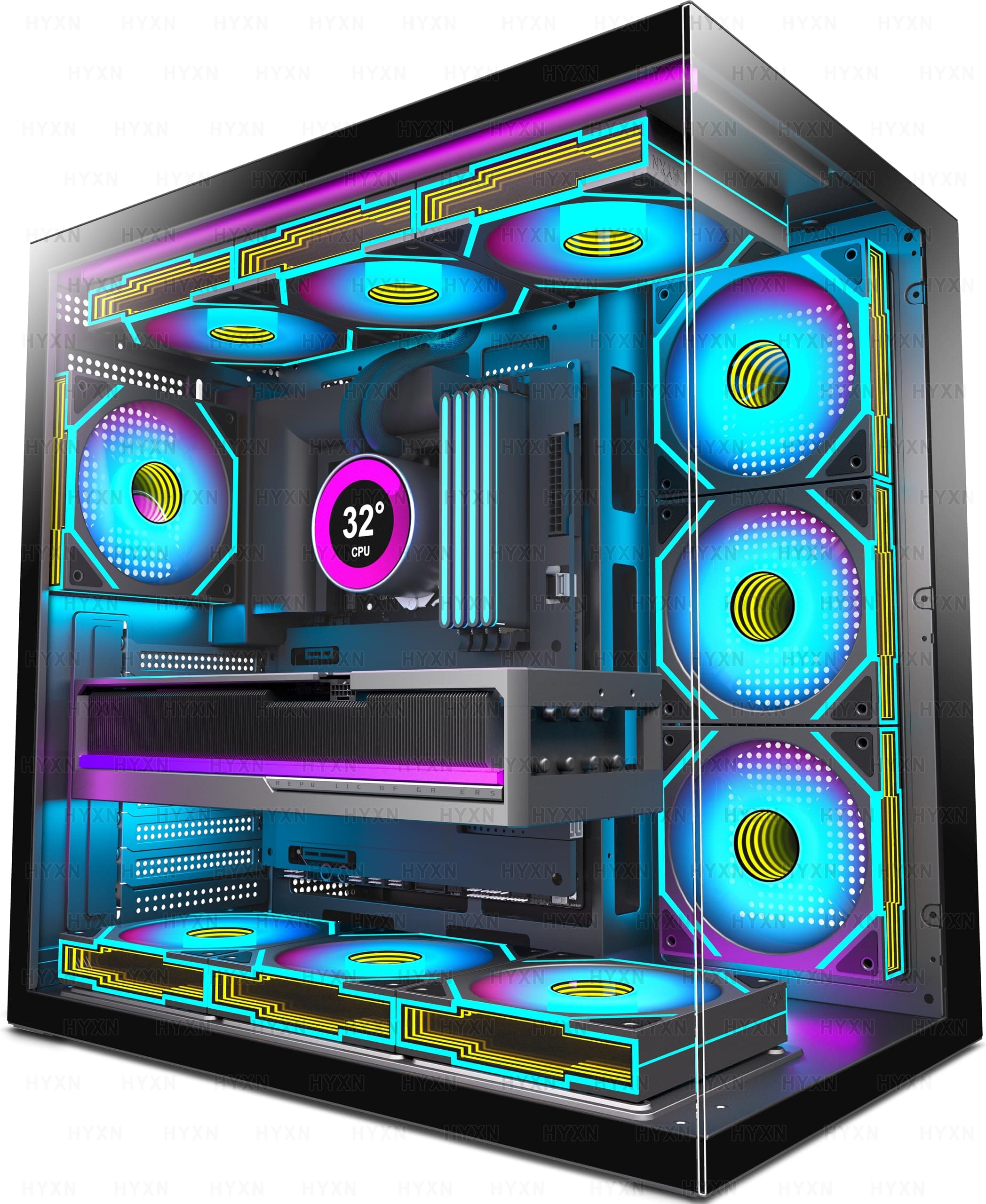 H1 ATX PC Gehäuse – Vorinstallierte 7 Infinity Mirror PWM ARGB Lüfter, Dual Kammer Mid Tower Gaming PC Gehäuse, mit Type-C, gleichzeitige Installation von 3X 360 mm Kühler (schwarz-M, H1) H1 schwarz-M