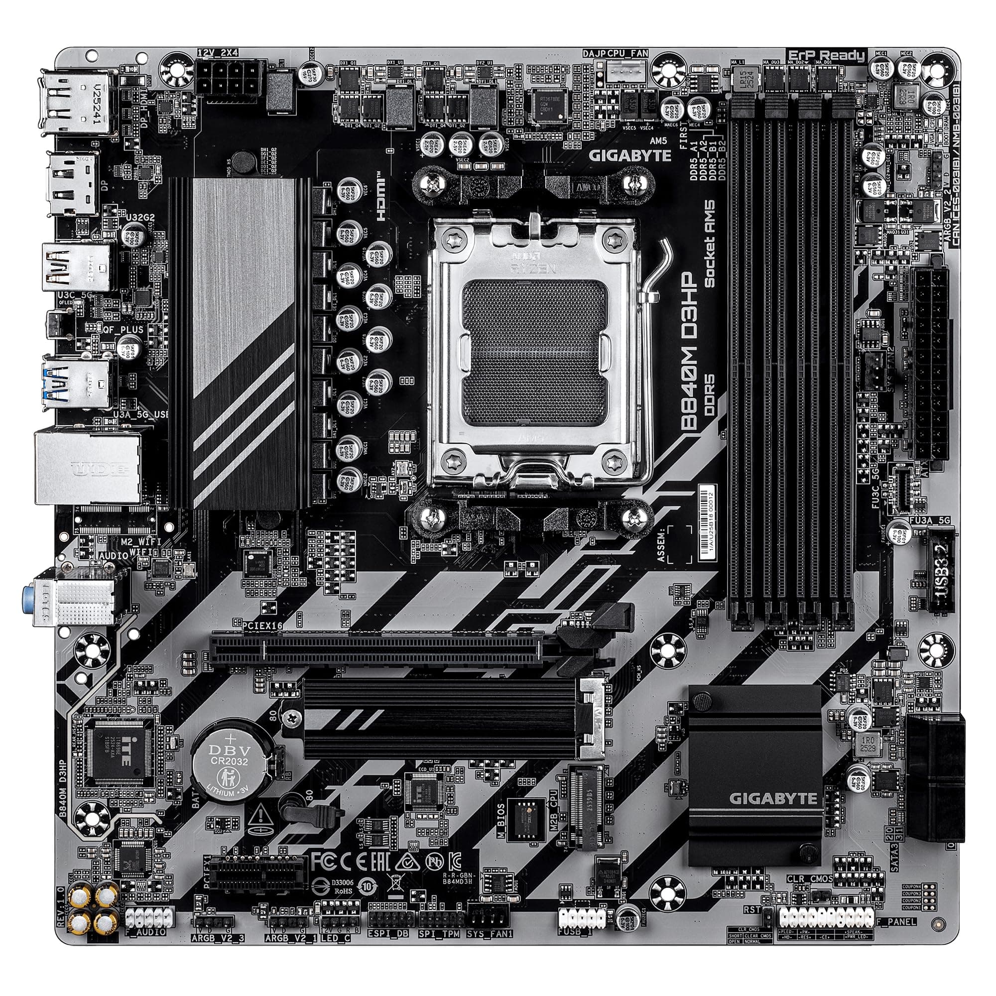 GIGABYTE B840M D3HP Mainboard – AMD Ryzen 9000 CPUs, 8+2+2-Phasen-VRM, bis zu 8200 MHz DDR5 (O.C.), 2× PCIe-4.0-M.2, 1-GbE-LAN, USB 3.2 Gen 2 Bild 3