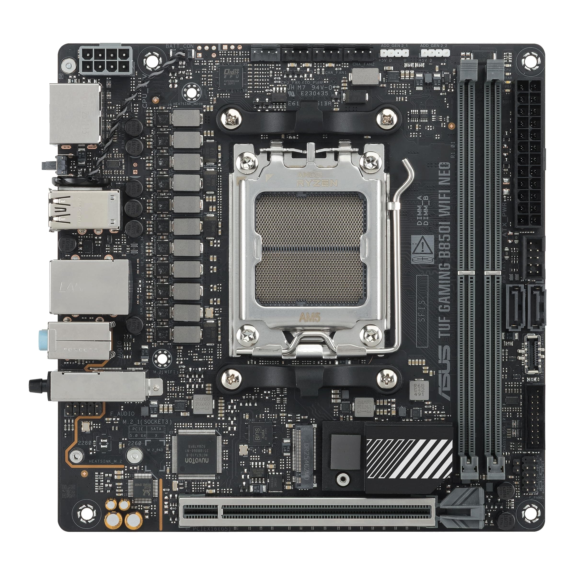 ASUS TUF Gaming B850I WiFi NEO AMD B850 Mini-ITX Mainboard (8+2+1 80-A-DrMOS, DDR5, PCIe 5.0, 2X M.2, WiFi 6E, 2.5Gb-Ethernet, USB-C 20 &10 Gbps, HDMI, DisplayPort, BIOS Flashback, Aura Sync) Bild 3
